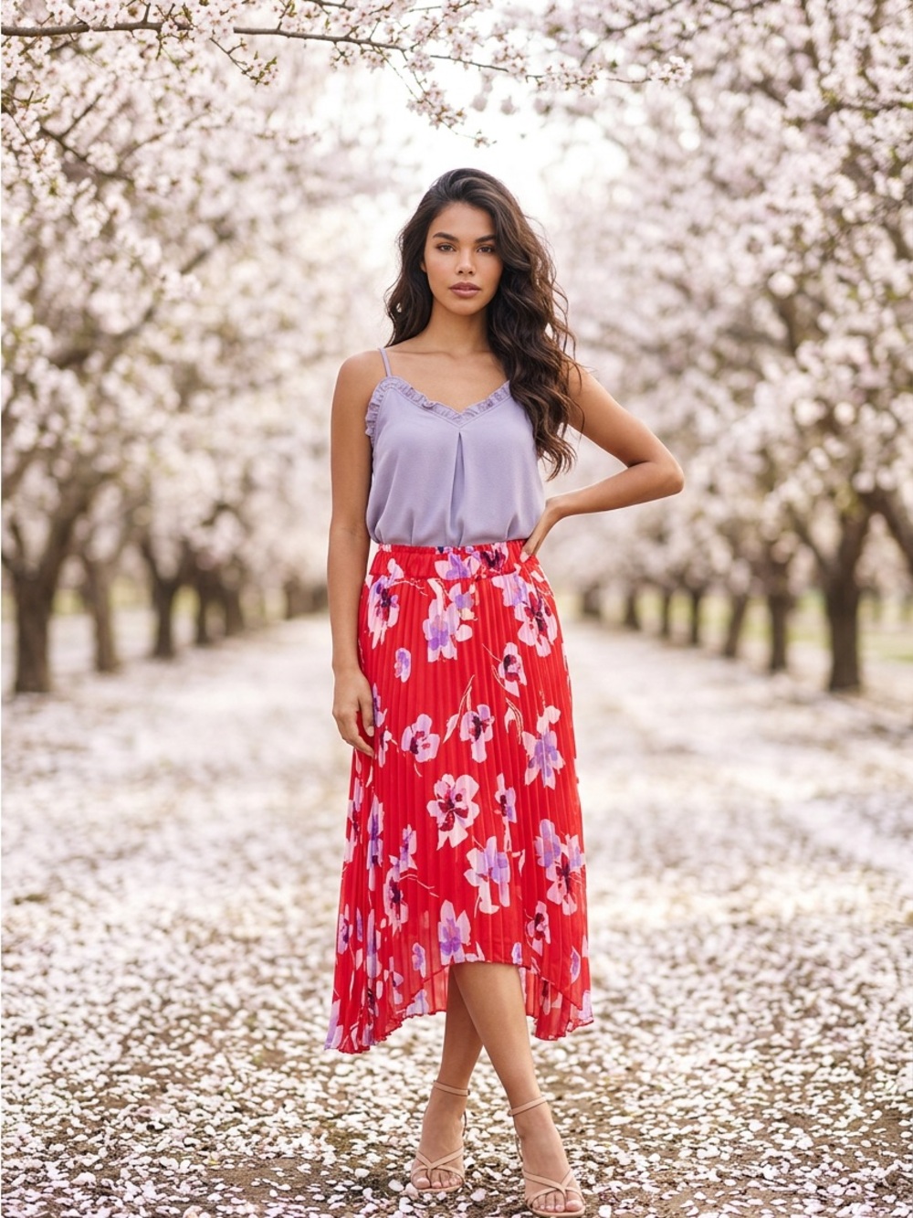 STATE Red Floral High-Low Pleated Skirt with Tank